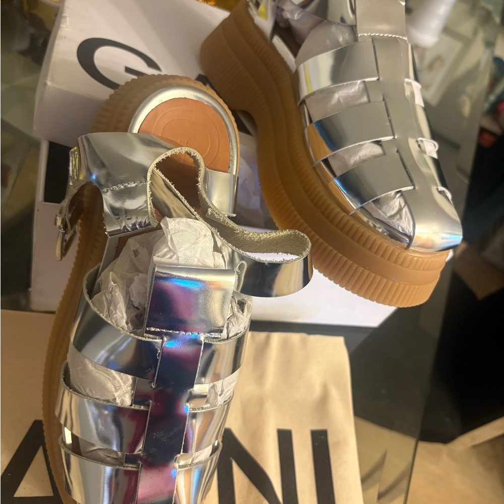 Ganni Silver Strappy Sandals new in the box sz 10 - Picture 7 of 14
